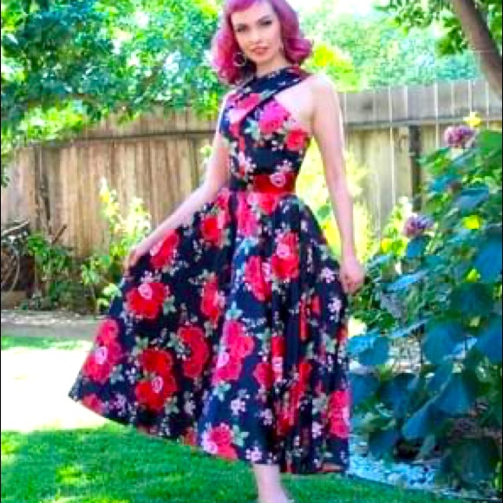 Pinup Girl - Pinup Couture Midcentury Mia Dress in Red Rose Printed Satin